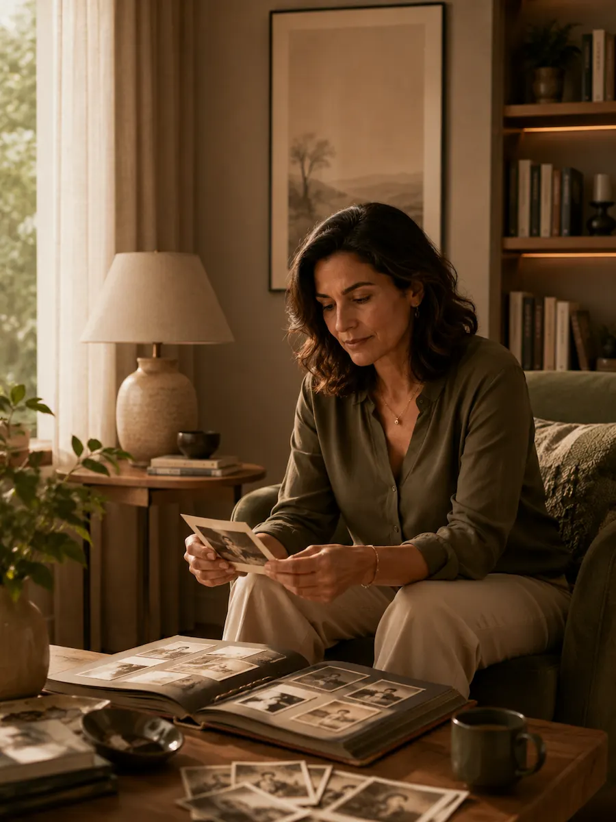Mulher adulta observando fotografias antigas da família